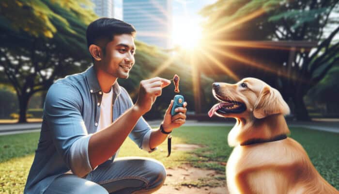 A dog trainer in a sunny park holds a clicker and offers a treat to an attentive golden retriever mid-sit.