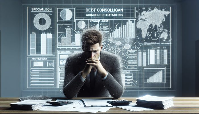 Person reviewing financial documents, contemplating debt consolidation options at a specialist lender's office and credit union.