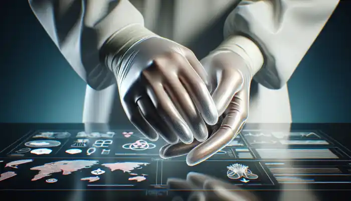Close-up of translucent, latex-free vinyl gloves on a healthcare worker's hands in a sterile environment, demonstrating flexible protection suitable for food handling and cleaning.
