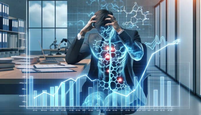 Stressed professional at desk clutching head in anxiety, with glowing cortisol molecules and rising hormone graph in modern lab.