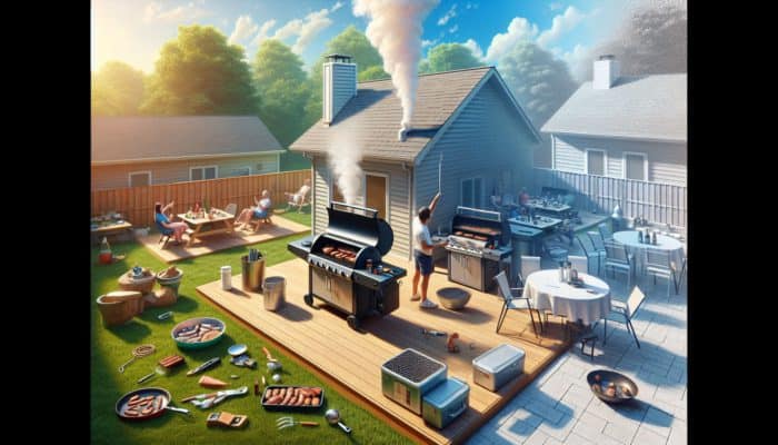 A person in a backyard compares a compact smoker in a patio corner and a larger insulated smoker on a sunny lawn with rising smoke and tools.