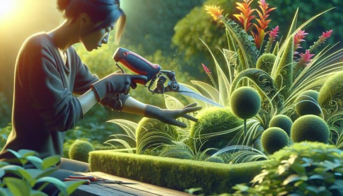 A skilled artisan uses refining trimmers to create precise edges and intricate designs in a vibrant garden under sunlight.