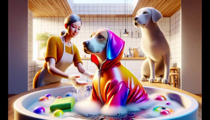 A person hand-washing a colorful pet raincoat in a sink with soapy bubbles, while a curious dog watches in a bright kitchen.