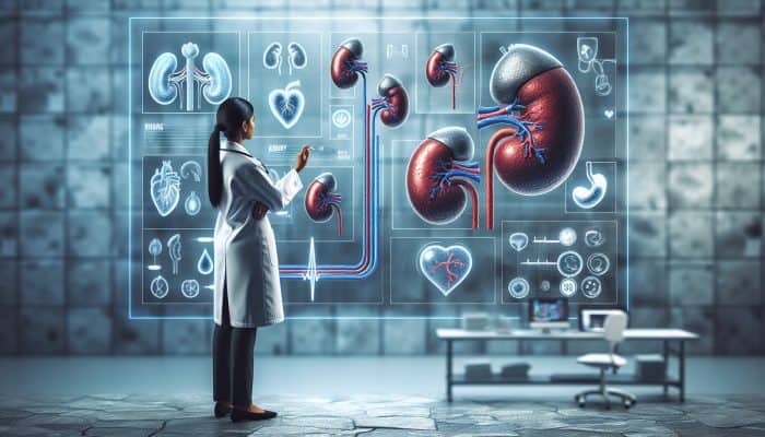 UK doctor in a modern NHS hospital analyzes ferritin test results on a screen, surrounded by symbolic kidneys and hearts for chronic disease management.