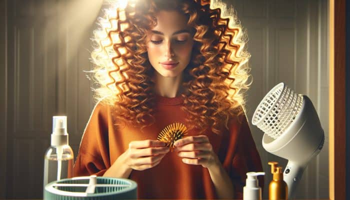 A young woman with vibrant curly hair scrunching damp sections in a sunlit bathroom while using a diffuser.