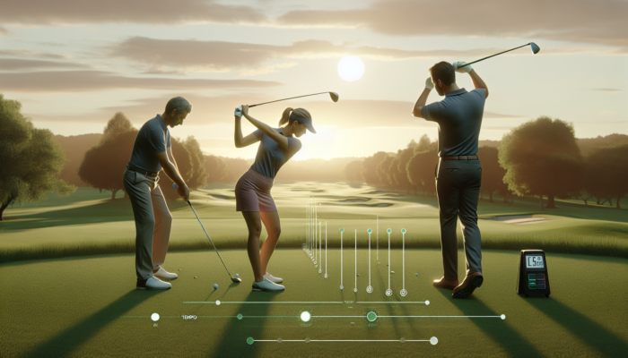 A beginner golfer receiving swing tempo guidance from a pro at sunset on a green course with visual aids.