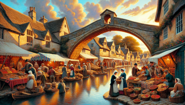 A bustling 18th-century market in Bourton-on-the-Water, with stone bridges over a river, villagers in period attire at colorful stalls, thatched cottages, and a golden sunset.