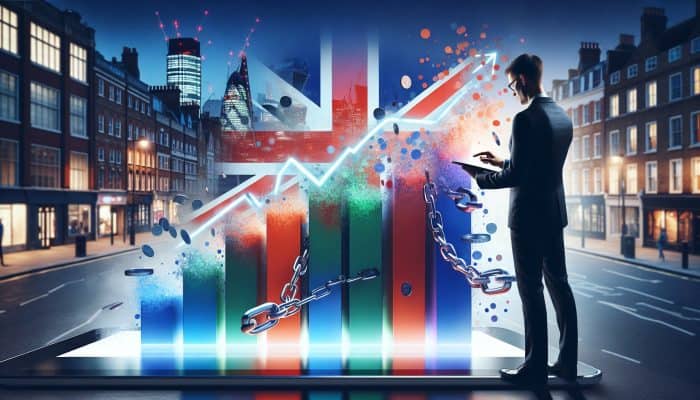 A British professional in London reviews an upward credit score graph on a tablet amidst dissolving debt chains and Union Jack flags.