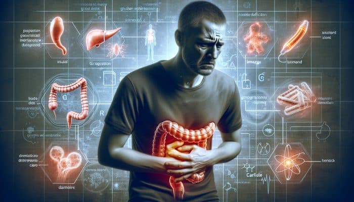 A fatigued individual in Carlisle clutches their aching stomach amidst ominous symbols of gastrointestinal damage and nutrient deficiencies, highlighting the risks of gluten intolerance.
