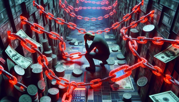 How Debt Consolidation Delays Financial Freedom | DCL Stressed individual entangled in glowing red chains of oversized banknotes and coins in a shadowy urban maze, symbolizing debt rejection and financial despair.