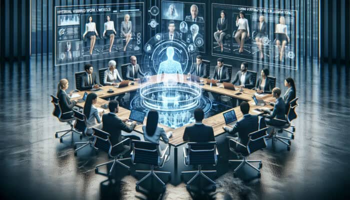 Diverse experts in a modern office discuss hybrid work models, with holographic projections and virtual assistants on screens.