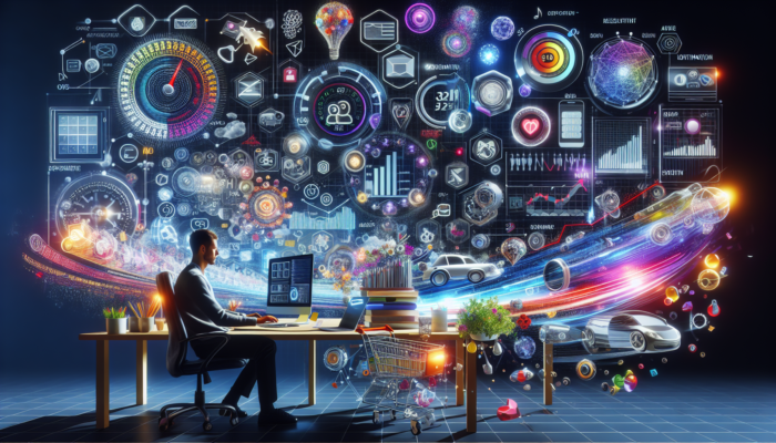 A digital workspace with a developer auditing an e-commerce site, surrounded by floating keywords, speedometers, mobile devices, shopping carts, and glowing data graphs.