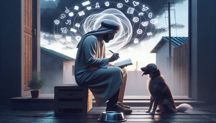 Pet owner journaling outdoors during evening walk with dog, notebook in hand, phone displaying reminders, near feeding bowl.