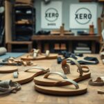 A workshop table displays unfinished sandals and leather straps, hinting at the brand origins of Xero Shoes. Rolls of fabric, tools, and patterns are scattered around as makers work beneath 'Xero Shoes' posters on the back wall.