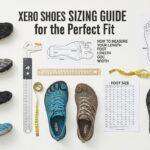 Top-down view of five pairs of Xero Shoes, measuring tools, tape measure, foot diagrams, and a foot size chart on a white surface with the text 'Xero Shoes Sizing Guide for the Perfect Fit.'