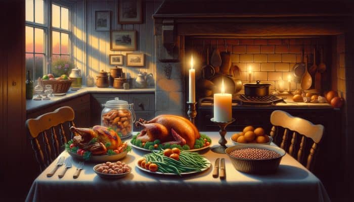 A cozy British kitchen table with roasted turkey, grilled chicken, fresh beans, and lentils under soft candlelight, promoting restful sleep.