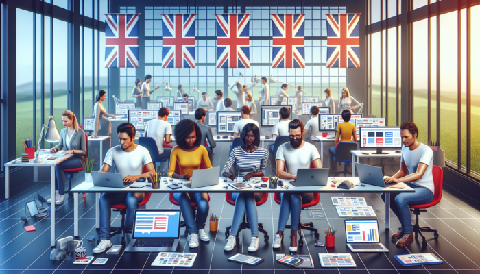 In a vibrant UK office, small business owners design mobile websites on laptops using Wix, Squarespace, and WordPress, surrounded by flags and phone mockups.