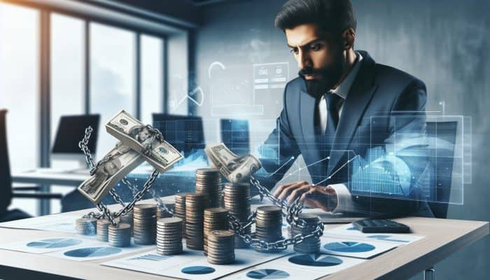 Is Debt Consolidation Only For Big Debts: Debunking the Myth | DCL A financial expert in a modern office analyzes charts of small and large debts, with breaking chains on coins symbolising consolidation options.