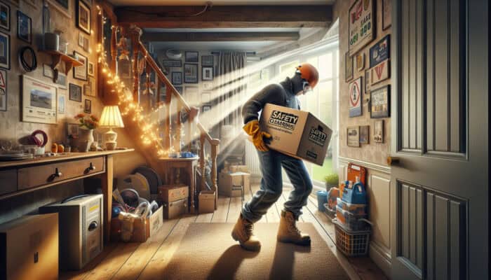A person in a cluttered UK home wears gloves and boots while bending to lift a heavy box, surrounded by electrical items and safety posters.
