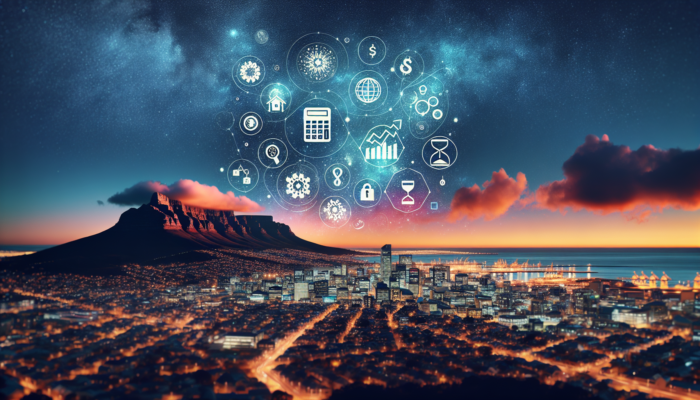 Cape Town cityscape at dusk, highlighting Table Mountain and affordability symbols like graphs, charts, and maps beneath a starry sky.