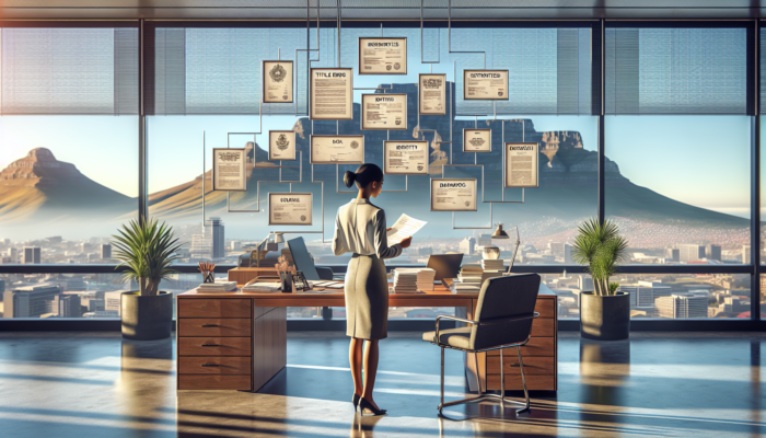 Diverse real estate agent in Cape Town office reviews documents such as title deeds and bank statements, with Table Mountain illuminated by golden sunlight.