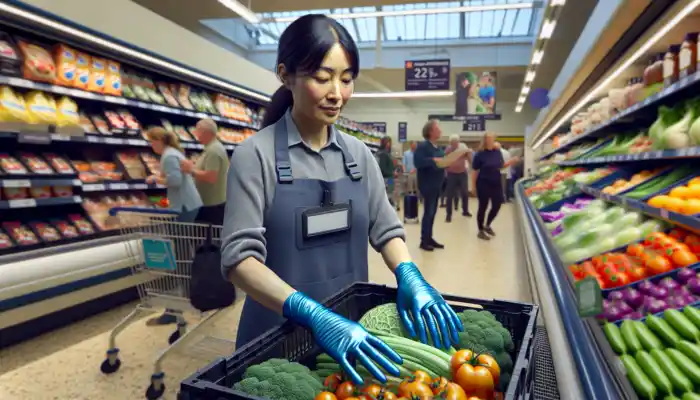 A UK retail worker in a busy supermarket wears blue vinyl gloves while handling produce and assisting customers, with slight wear visible.