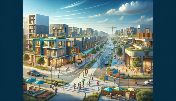 A vibrant Mthatha neighborhood with modern homes, a new school, bustling shopping center, and ongoing projects, as buyers inspect properties under a clear sky.