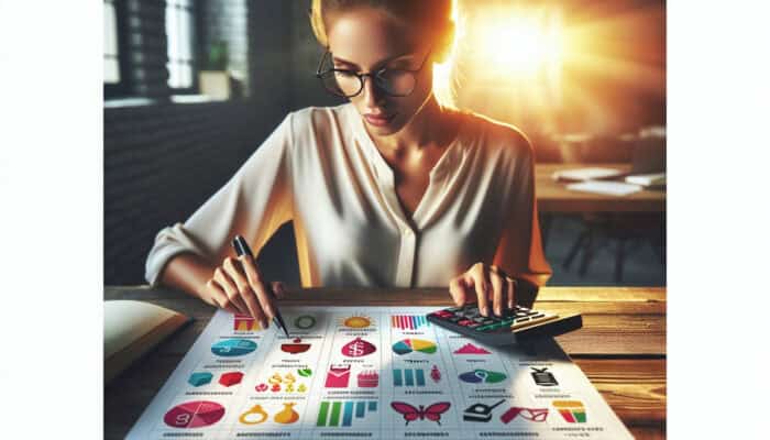 A focused accountant in a sunlit office examines a ledger with colorful expense charts and treat icons, using a calculator.