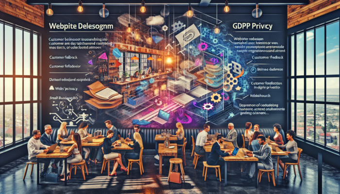 In a warm Cinderford café, business owners and customers review website redesign sketches on laptops, complete with feedback surveys, graphs, and GDPR symbols.