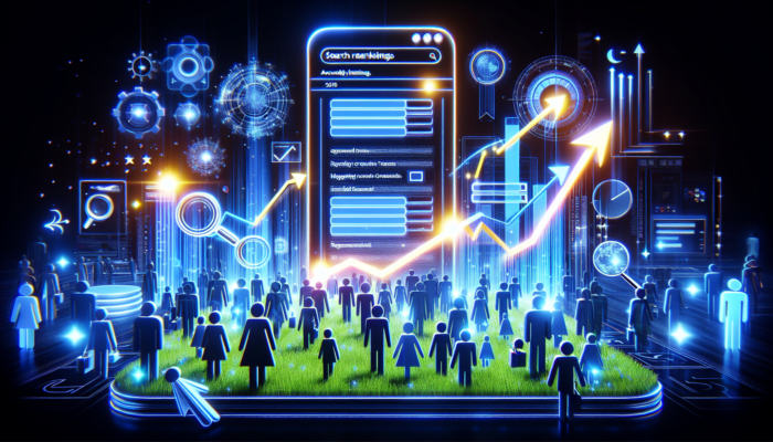 Dynamic website redesign for a UK small enterprise, showcasing glowing keywords, ascending search arrows, and digital users exploring local offerings.