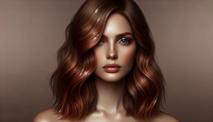 Achieving Muted Auburn for Subdued Reds: Close-up of a woman with muted auburn hair in soft waves, blending cool undertones and warm red hues for elegant versatility.