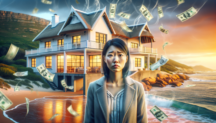 A stressed first-time buyer in Plettenberg Bay stands before a coastal home, surrounded by ghostly bills and coins symbolising hidden costs and regret.