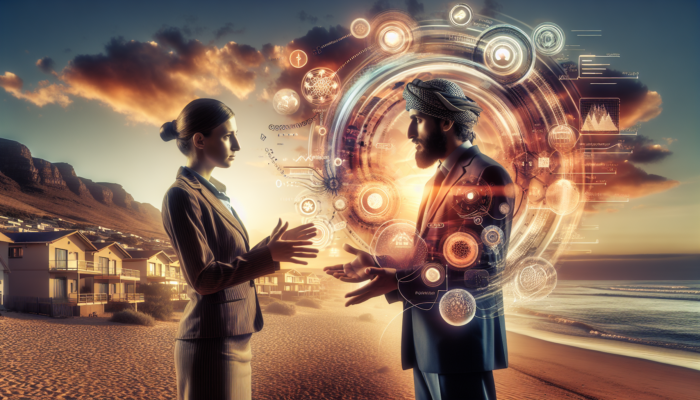 Appraiser discusses property values with first-time buyer near beachside homes in Plettenberg Bay, reviewing charts under a golden sunset.