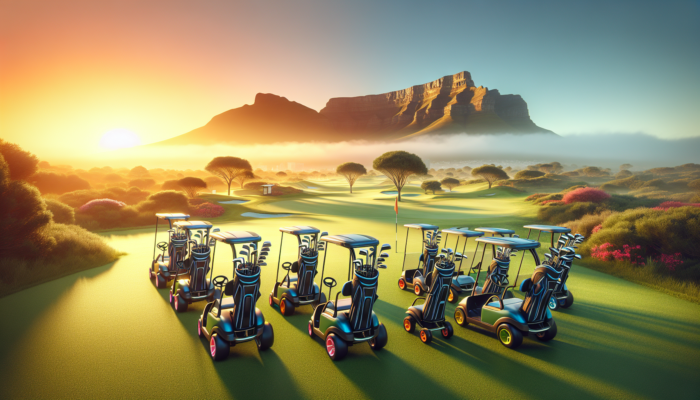 Dawn scene of CaddyTek and Bag Boy push carts on South African fairways, with golden sunrise and distant Table Mountain.