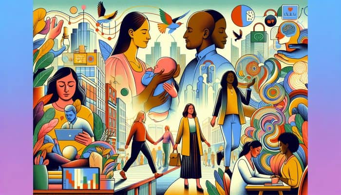 Understanding Mental Health Basics: Serene illustration of diverse individuals in the UK navigating workplaces, relationships, and urban scenes, symbolizing emotional balance and wellbeing as per NHS.