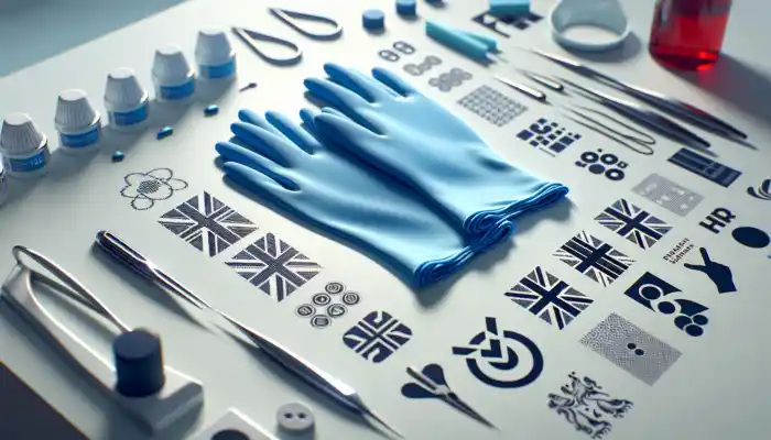 Visual representation of blue nitrile gloves on a sterile lab table, featuring MHRA logos and the Union Jack, surrounded by British and EU standards documents.