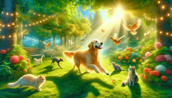 Joyful golden retriever playing fetch with its owner in a sunny park, surrounded by cats and birds among lush greenery and flowers.