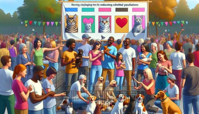 Vibrant pet adoption event in a community park, featuring volunteers, enthusiastic dogs and cats, families selecting pets, and banners promoting animal welfare.