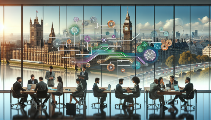 A project manager in a contemporary London office reviews a Gantt chart while discussing communication strategies for project timelines with team members.