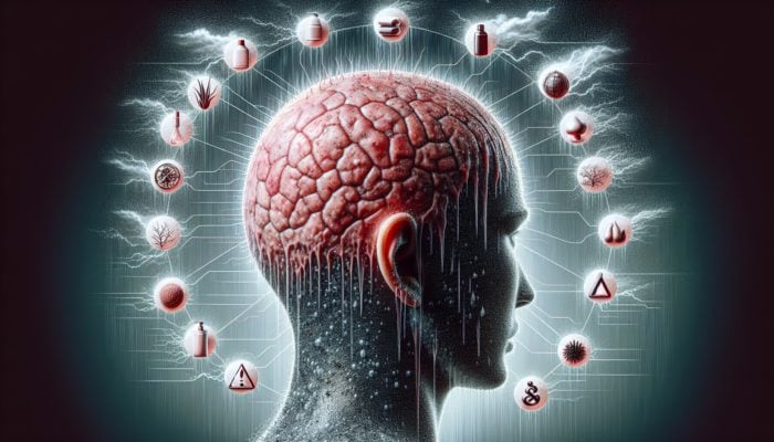 Calming Sensitive Scalps Safely: Close-up of irritated scalp with redness and dryness, surrounded by harsh shampoo bottles, pollutants, stormy weather, and gentle aloe vera products.