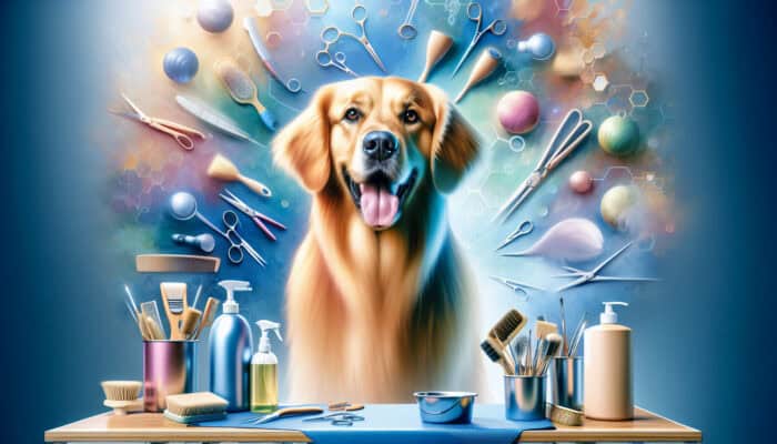 A freshly groomed golden retriever with shiny fur and joyful expression in a bright salon, surrounded by brushes, scissors, and a shampoo station.