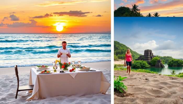 A picturesque beach dining setup at sunset with a table of fresh, local ingredients and a local chef sharing stories, alongside a guided eco-tour scene featuring a local guide leading guests through lush greenery and ancient Mayan ruins.