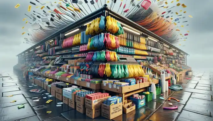 Taunton market stall displaying stacks of extra long rubber gloves, spring tools, and winter gear under cloudy skies with fluctuating prices.