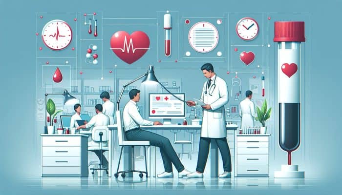 How to Prepare for a Cholesterol Test: In a busy UK NHS clinic, a doctor draws blood for a cholesterol test amid charts and heart health posters.
