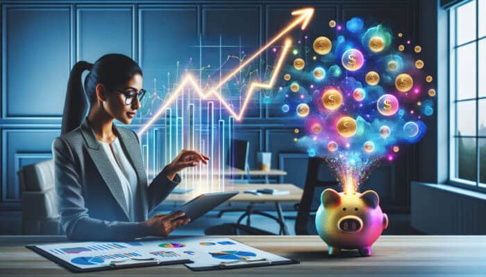 Financial analyst compares colourful insurance quotes on a tablet in a modern office, with savings graphs and a bursting piggy bank.