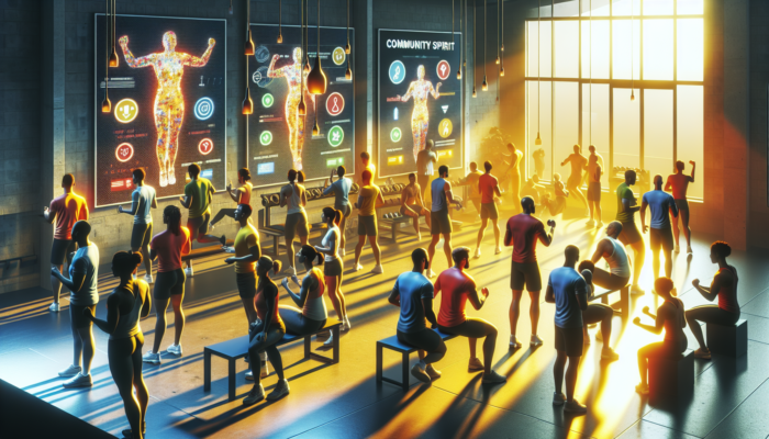 Vibrant Radstock gym scene: diverse people engaging with interactive blog polls and quizzes on screens during workouts.