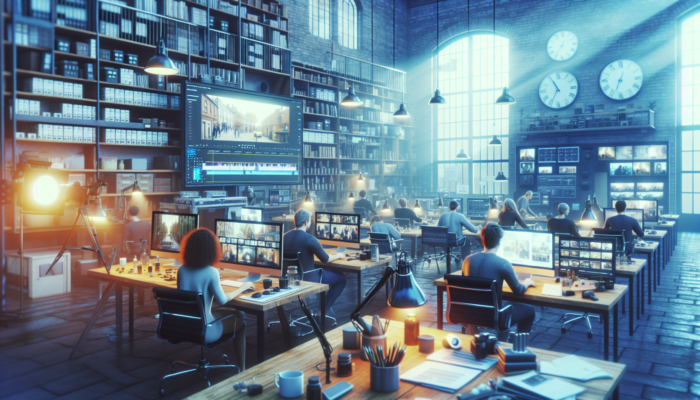 Bustling video studio in Barnstaple: scriptwriters at desks, editors refining footage, business owners reviewing clips for community growth.