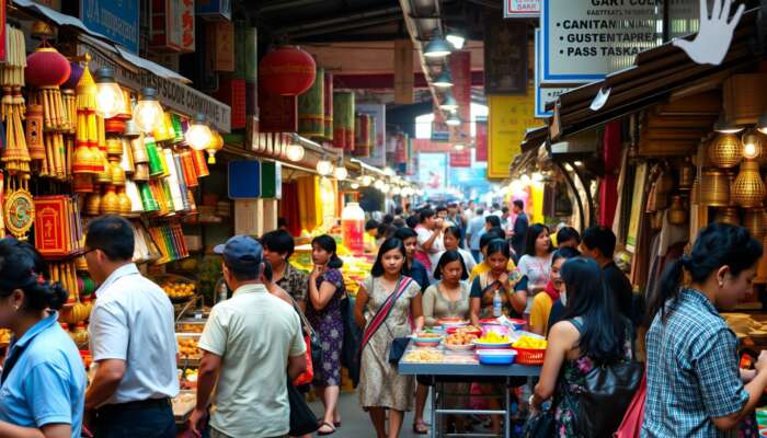 A bustling street market filled with locals and tourists, showcasing colourful crafts, traditional foods, and cultural performances, highlighting active engagement and interaction.