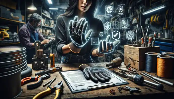 A professional examines high-quality safety gloves in a busy industrial workshop, showcasing UK standards and durability among tools.