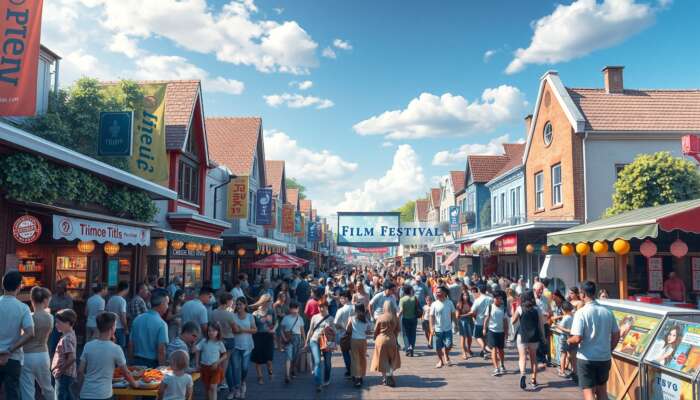 A lively film festival in a bustling town, featuring colourful banners, crowds at outdoor screenings, diverse food stalls, and busy local shops, all amidst charming architecture and a festive atmosphere.